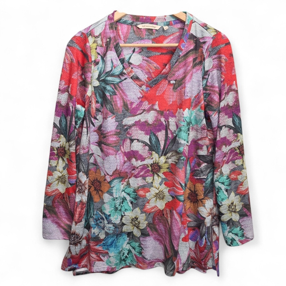 Soft Surroundings Top Womens Medium Purple Gray Floral Print V Neck Tunic Casual